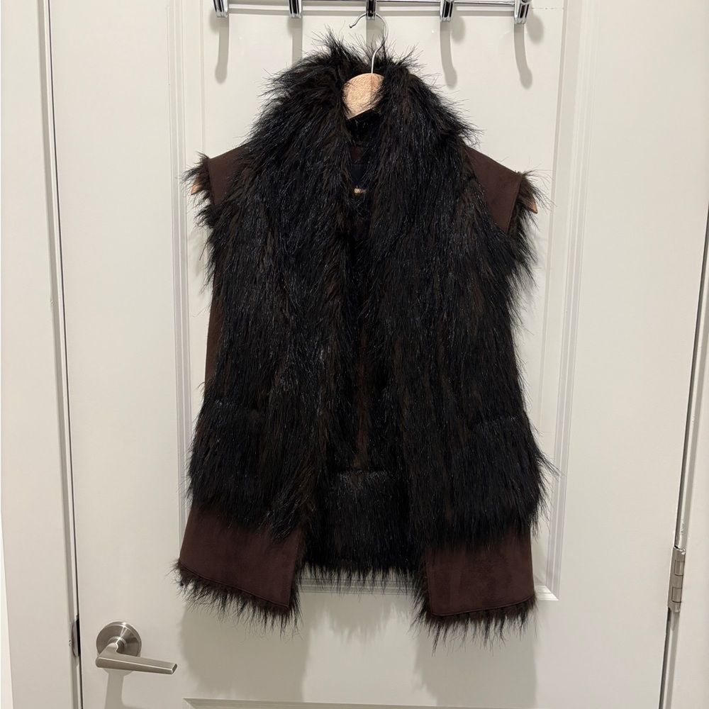 Black Faux Fur On Brown Suede Vest